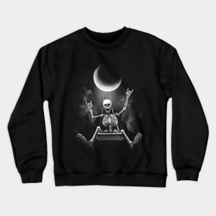 Skeleton swinging under moon and making rock hand symbols Crewneck Sweatshirt